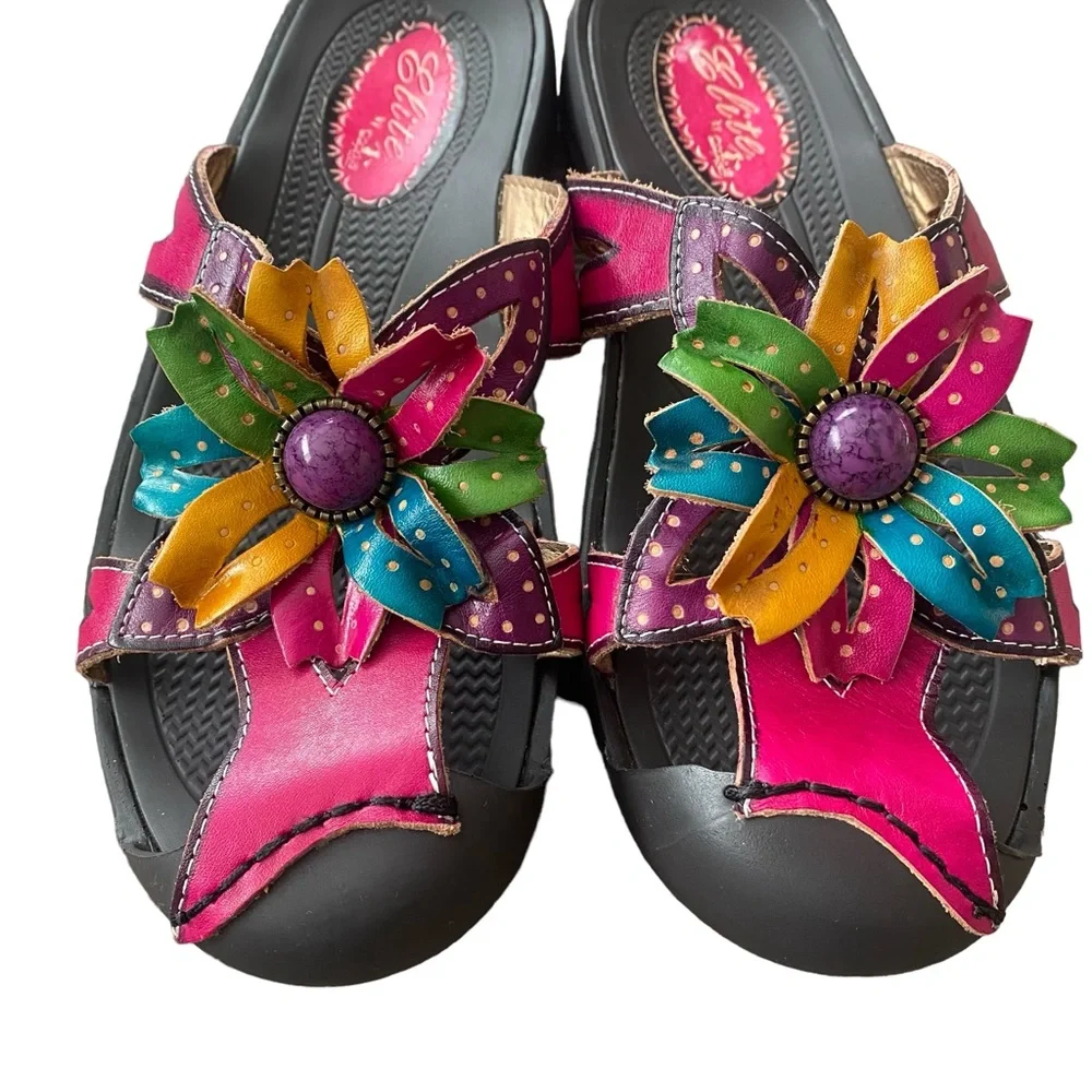 Corkys Elite Floral Leather Mule Close Toed Slide Sandals 7